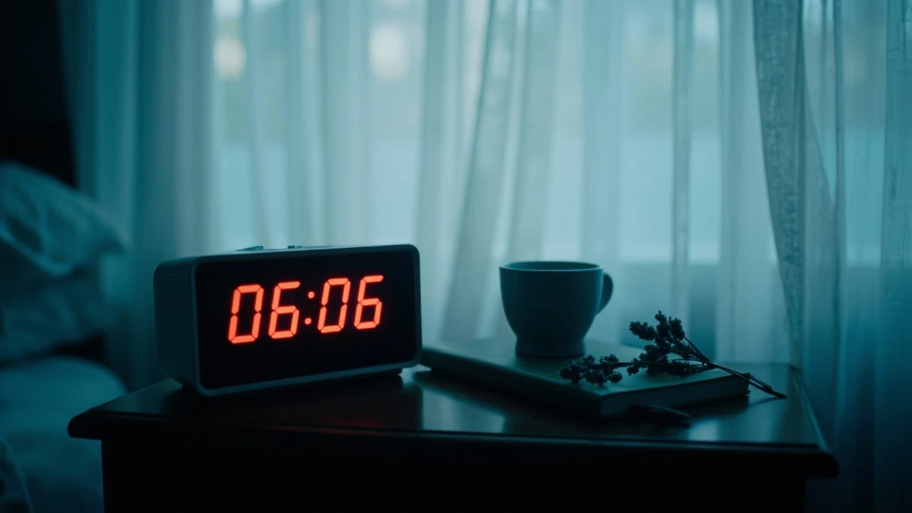 Orologio digitale che mostra l'ora 06 06 con luce delicata, evocando l'ora specchio
